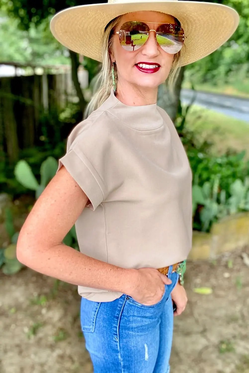 Oatmeal Plain Crew Neck Loose Fit Casual Top - Love Salve